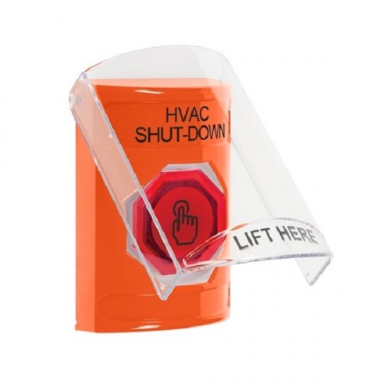 SS25A7HV-EN STI Orange Indoor Only Flush or Surface w/ Horn Weather Resistant Momentary (Illuminated) with Orange Lens Stopper Station with HVAC SHUT DOWN Label English