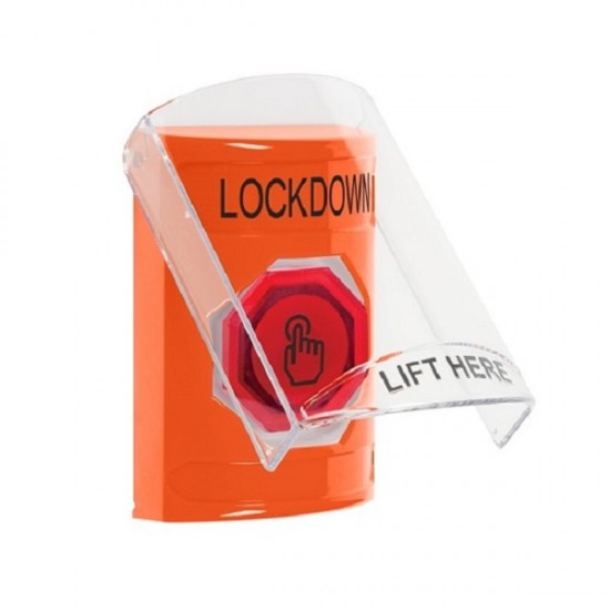 SS25A7LD-EN STI Orange Indoor Flush/Surface w/ Horn Weather Resistant Momentary Stopper Station w/ LOCKDOWN Label