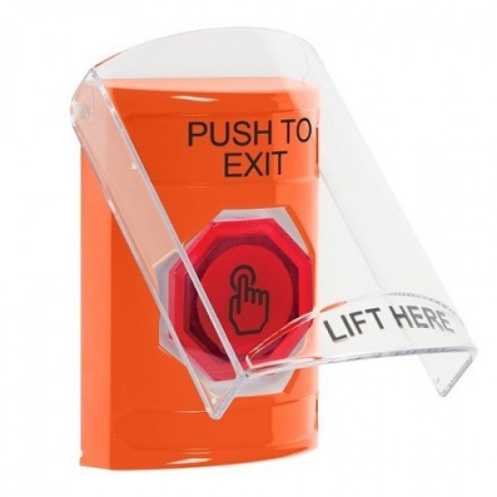 SS25A7PX-EN STI Orange Indoor Flush/Surface w/ Horn Weather Resistant Momentary Stopper Station w/ PUSH TO EXIT Label