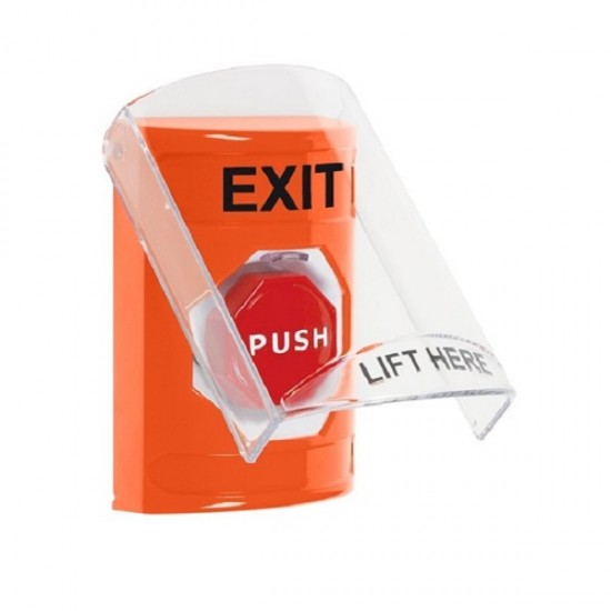 SS25A8XT-EN STI Orange Indoor Only Flush or Surface w/ Horn Pneumatic (Illuminated) Stopper Station with EXIT Label English
