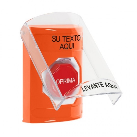 SS25A8ZA-ES STI Orange Indoor Flush/Surface w/ Horn Pneumatic (Illuminated) Stopper Station w/ Custom Text Spanish