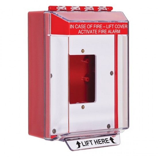 STI-14510FR STI Universal Stopper Low Profile Cover Enclosed Back Box, Open Mounting Plate and Hood - Fire Label - Red